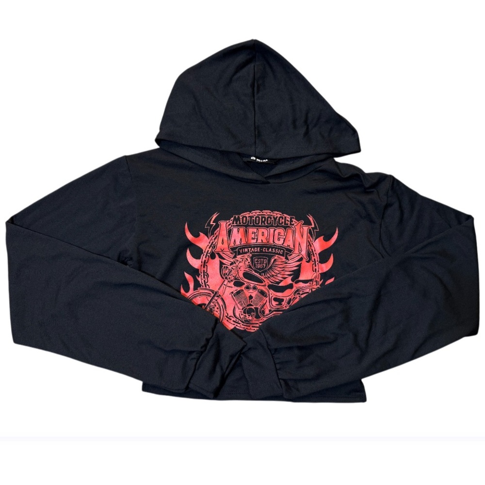 G Mini Black Cropped Hoodie, Back Tie, Red Motorcycle Graphic Women’s Size Small